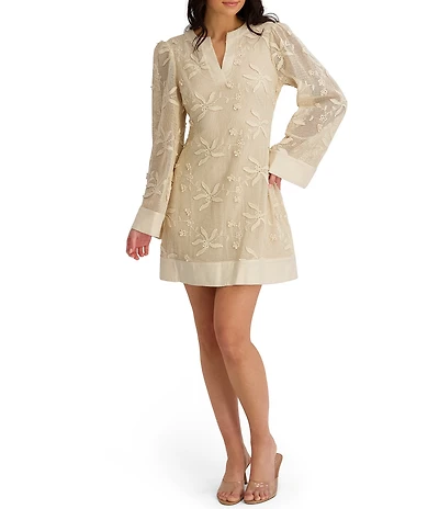 Kensie Split V-neck Bell Sleeve Crochet Knit Shift Mini Dress