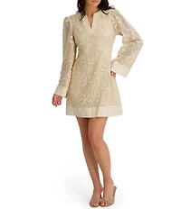 Kensie Split V-neck Bell Sleeve Crochet Knit Shift Mini Dress