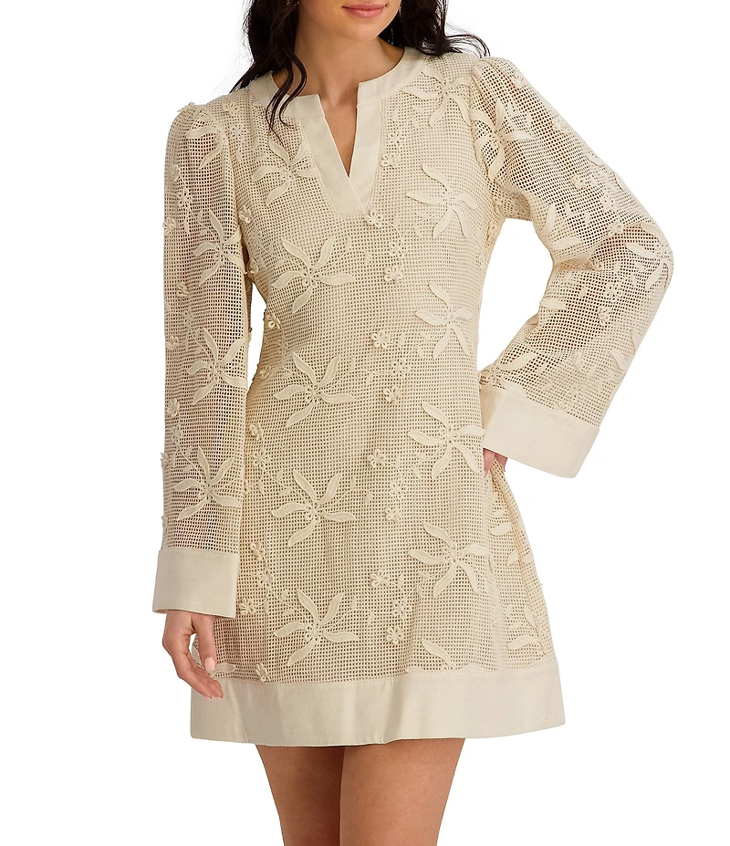 Kensie Split V-neck Bell Sleeve Crochet Knit Shift Mini Dress
