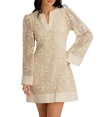 Kensie Split V-neck Bell Sleeve Crochet Knit Shift Mini Dress