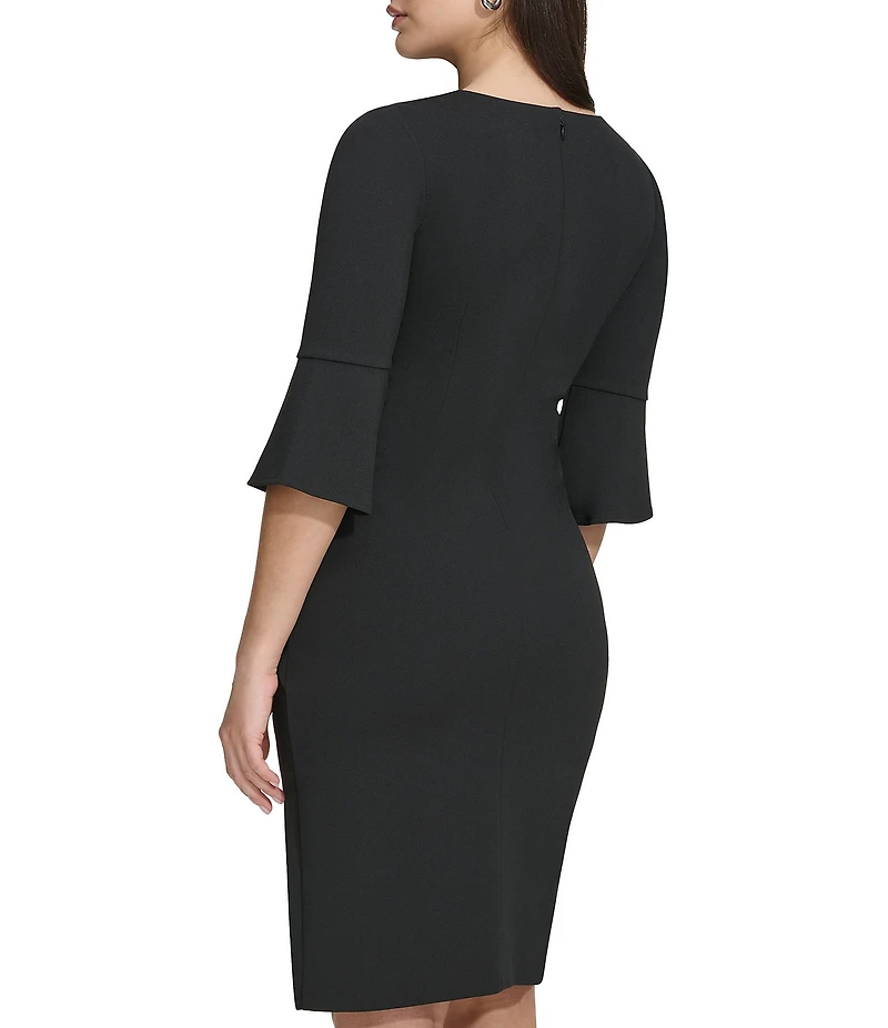Kensie Stretch Boat Neck Mid Length Bell Sleeve Twist Waist Faux Wrap Skirt Sheath Dress