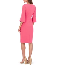 Kensie Stretch Boat Neck Mid Length Bell Sleeve Twist Waist Faux Wrap Skirt Sheath Dress