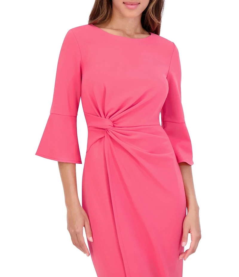 Kensie Stretch Boat Neck Mid Length Bell Sleeve Twist Waist Faux Wrap Skirt Sheath Dress
