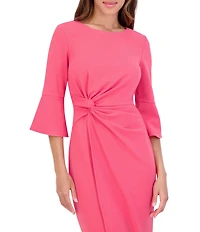 Kensie Stretch Boat Neck Mid Length Bell Sleeve Twist Waist Faux Wrap Skirt Sheath Dress
