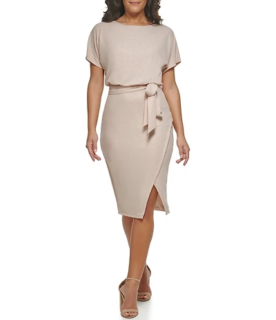 Kensie Stretch Shimmer Short Sleeve Boat Neck Tie Waist Blouson Wrap Dress