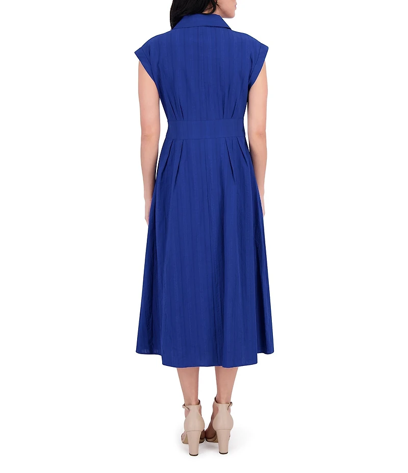 Kensie Stripe Cotton Point Collar V-Neck Cap Dolman Sleeve Smocked Pleated Midi A-Line Dress