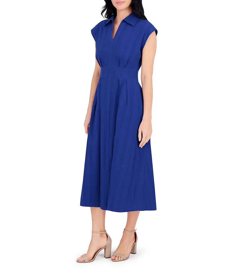 Kensie Stripe Cotton Point Collar V-Neck Cap Dolman Sleeve Smocked Pleated Midi A-Line Dress