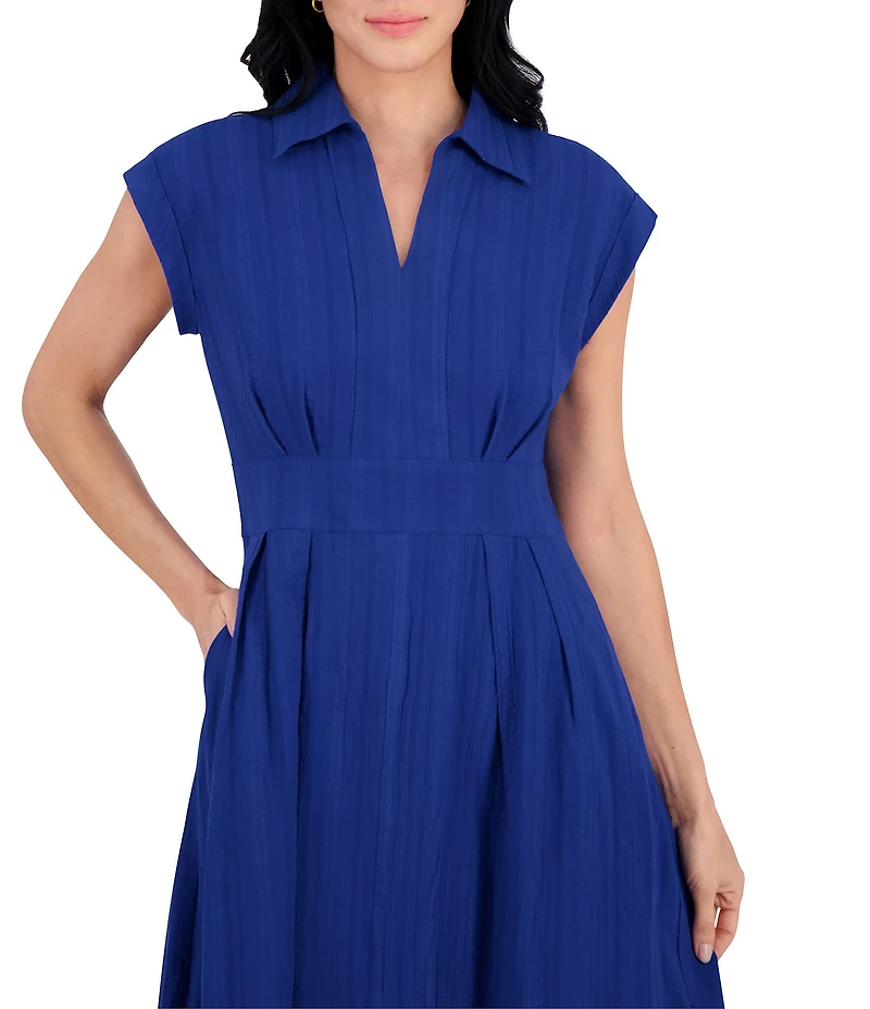 Kensie Cotton Point Collar V-Neck Cap Dolman Sleeve Smocked Pleated Midi A-Line Dress