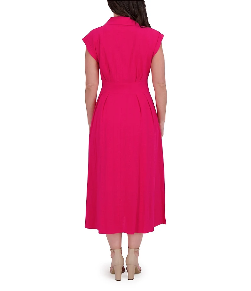 Kensie Stripe Cotton Point Collar V-Neck Cap Dolman Sleeve Smocked Pleated Midi A-Line Dress