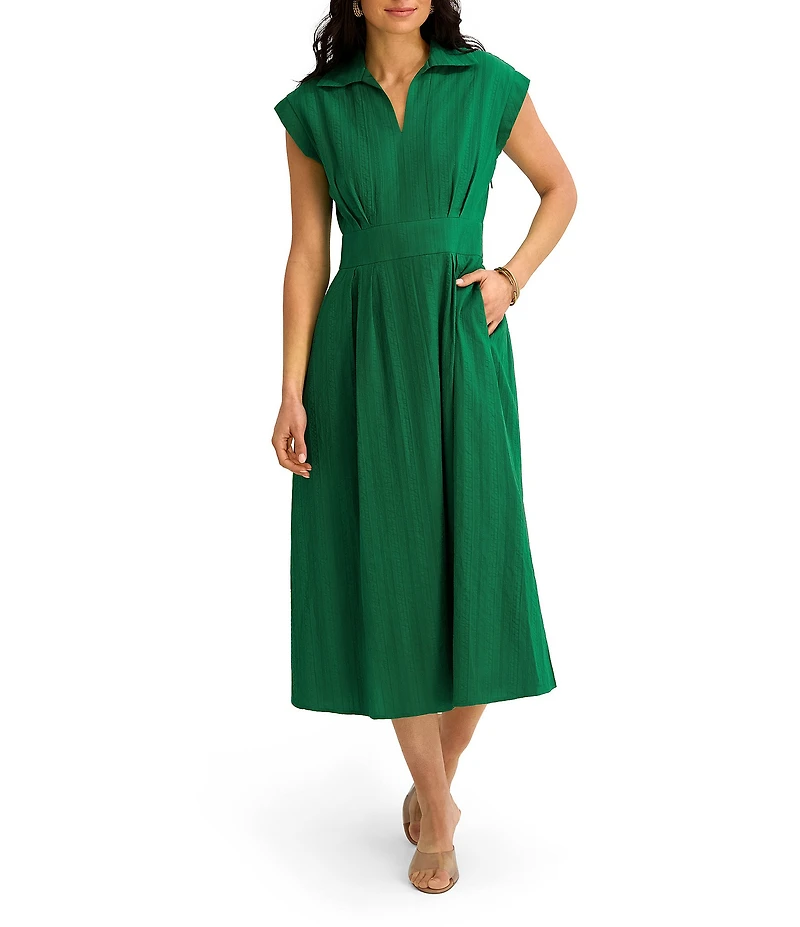 Kensie Cotton Point Collar V-Neck Cap Dolman Sleeve Smocked Pleated Midi A-Line Dress