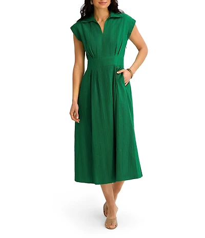 Kensie Cotton Point Collar V-Neck Cap Dolman Sleeve Smocked Pleated Midi A-Line Dress