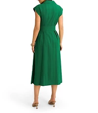 Kensie Cotton Point Collar V-Neck Cap Dolman Sleeve Smocked Pleated Midi A-Line Dress