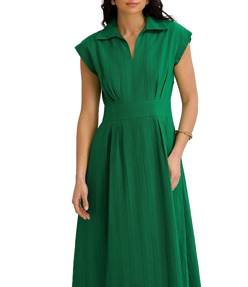 Kensie Cotton Point Collar V-Neck Cap Dolman Sleeve Smocked Pleated Midi A-Line Dress