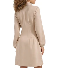 Kensie Faux Suede Collar Neck Long Sleeve Button Front Pleated Mini Dress