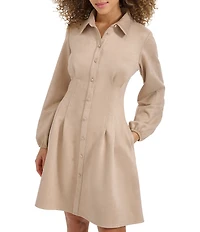 Kensie Faux Suede Collar Neck Long Sleeve Button Front Pleated Mini Dress