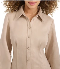 Kensie Faux Suede Collar Neck Long Sleeve Button Front Pleated Mini Dress