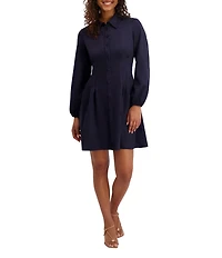 Kensie Suede Collar Neck Long Sleeve Button Front Pleated Mini Dress