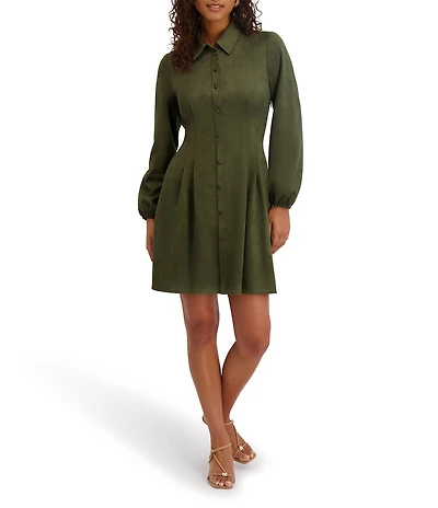 Kensie Faux Suede Collar Neck Long Sleeve Button Front Pleated Mini Dress