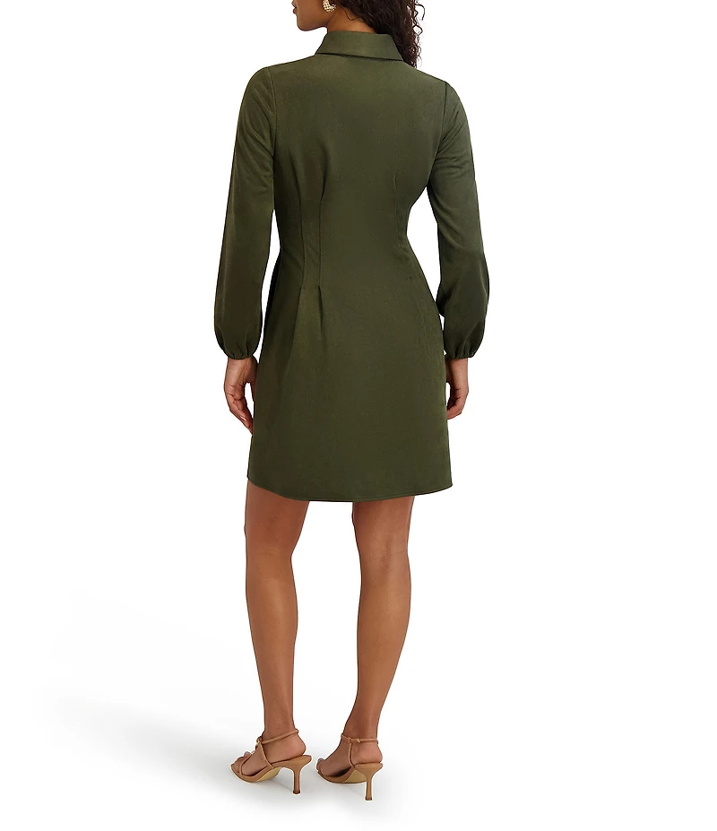 Kensie Faux Suede Collar Neck Long Sleeve Button Front Pleated Mini Dress