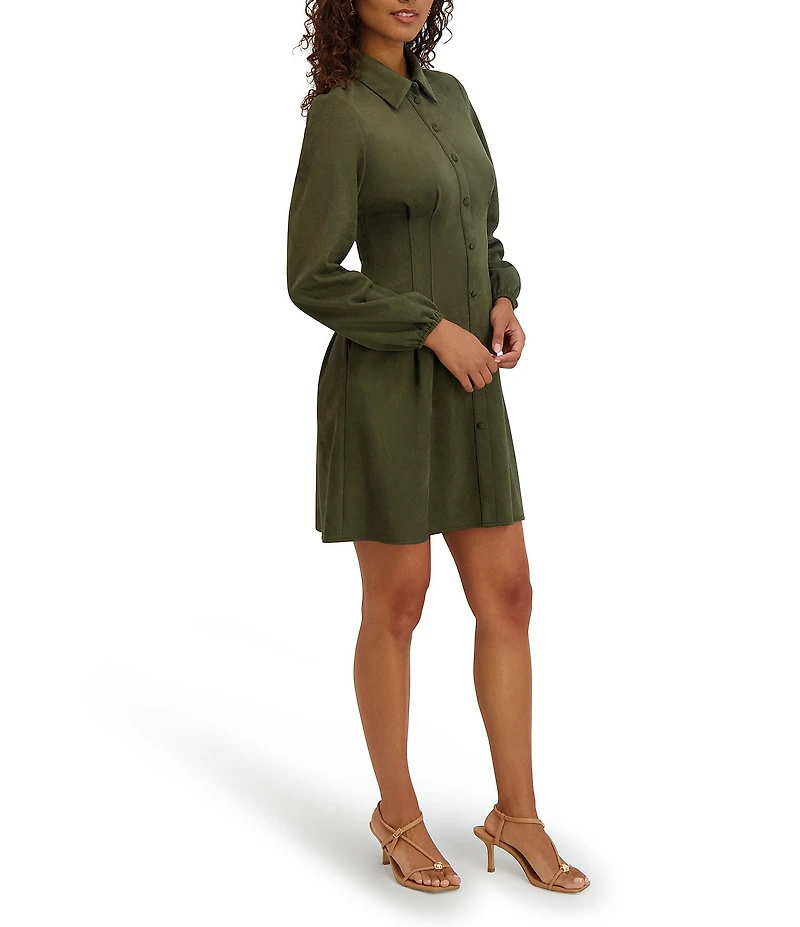 Kensie Faux Suede Collar Neck Long Sleeve Button Front Pleated Mini Dress