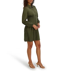 Kensie Faux Suede Collar Neck Long Sleeve Button Front Pleated Mini Dress