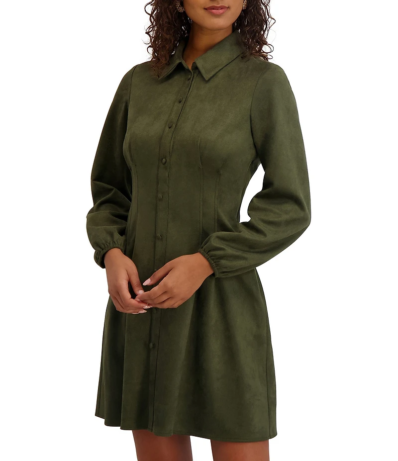 Kensie Faux Suede Collar Neck Long Sleeve Button Front Pleated Mini Dress