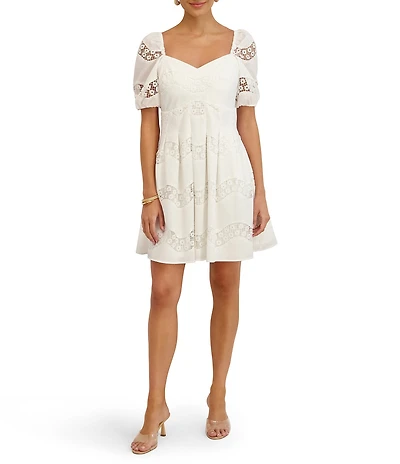 Kensie Sweetheart Neck Short Sleeve Embroidered Lace Inset Baby Doll Dress