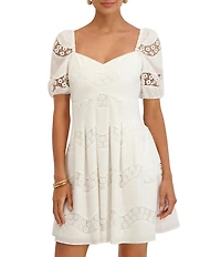 Kensie Sweetheart Neck Short Sleeve Embroidered Lace Inset Baby Doll Dress