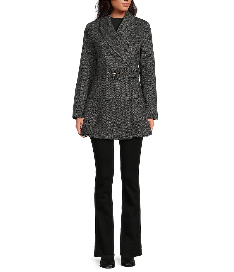 Kensie Texture Wool Notch Collar Belted Skirted Hem Trench Coat