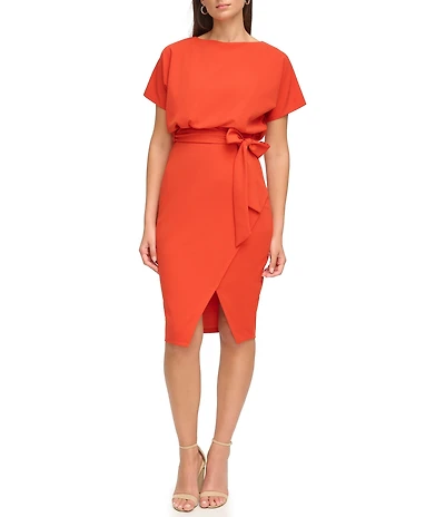 Kensie Textured Knit Boat Neck Self-Tie Waist Faux Wrap Blouson Dress