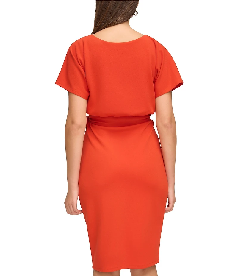 Kensie Textured Knit Boat Neck Self-Tie Waist Faux Wrap Blouson Dress