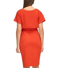 Kensie Textured Knit Boat Neck Self-Tie Waist Faux Wrap Blouson Dress