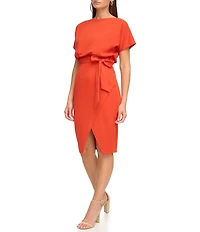 Kensie Textured Knit Boat Neck Self-Tie Waist Faux Wrap Blouson Dress