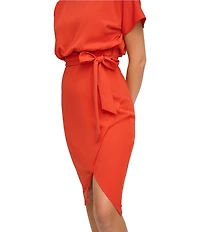 Kensie Textured Knit Boat Neck Self-Tie Waist Faux Wrap Blouson Dress