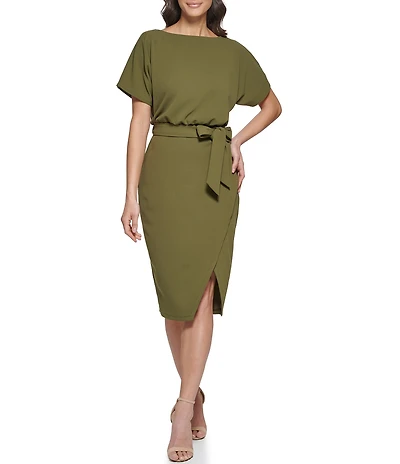 Kensie Textured Knit Boat Neck Self-Tie Waist Faux Wrap Blouson Dress