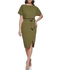 Kensie Textured Knit Boat Neck Self-Tie Waist Faux Wrap Blouson Dress