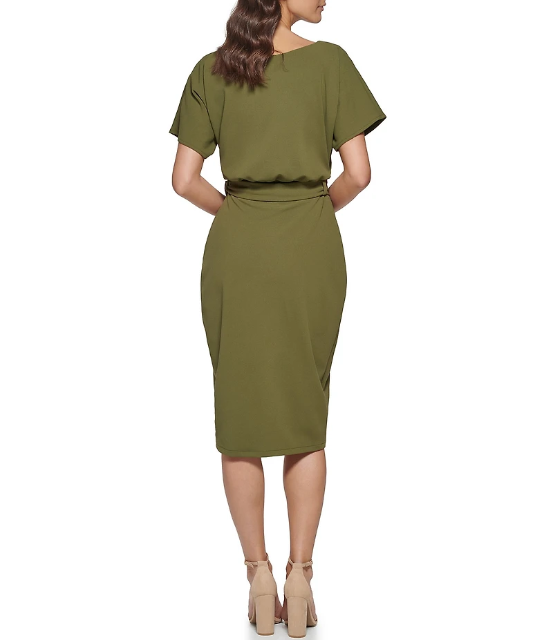 Kensie Textured Knit Boat Neck Self-Tie Waist Faux Wrap Blouson Dress