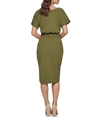 Kensie Textured Knit Boat Neck Self-Tie Waist Faux Wrap Blouson Dress