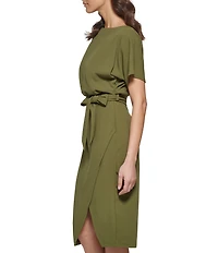 Kensie Textured Knit Boat Neck Self-Tie Waist Faux Wrap Blouson Dress