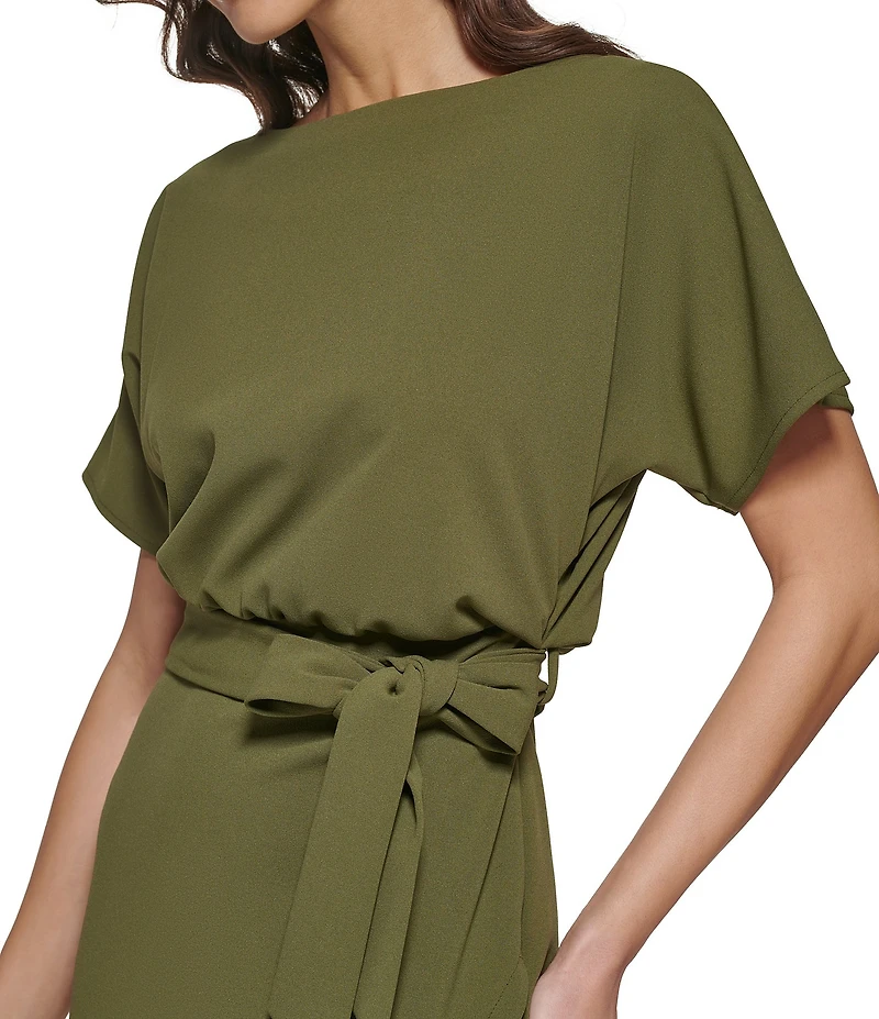 Kensie Textured Knit Boat Neck Self-Tie Waist Faux Wrap Blouson Dress