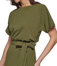 Kensie Textured Knit Boat Neck Self-Tie Waist Faux Wrap Blouson Dress