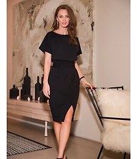 Kensie Textured Knit Boat Neck Self-Tie Waist Faux Wrap Blouson Dress