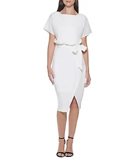Kensie Textured Knit Boat Neck Self-Tie Waist Faux Wrap Blouson Dress