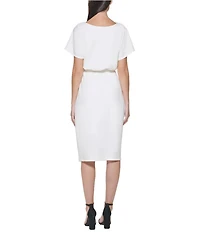 Kensie Textured Knit Boat Neck Self-Tie Waist Faux Wrap Blouson Dress