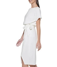 Kensie Textured Knit Boat Neck Self-Tie Waist Faux Wrap Blouson Dress