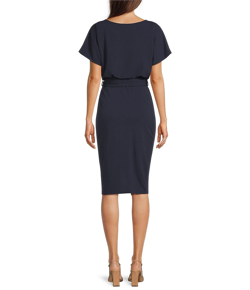 Kensie Textured Knit Boat Neck Self-Tie Waist Faux Wrap Blouson Dress