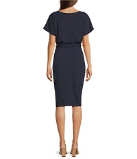 Kensie Textured Knit Boat Neck Self-Tie Waist Faux Wrap Blouson Dress