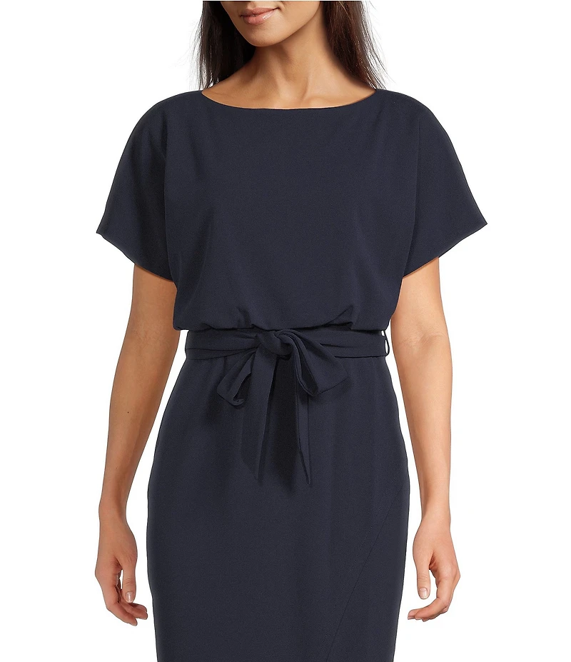 Kensie Textured Knit Boat Neck Self-Tie Waist Faux Wrap Blouson Dress