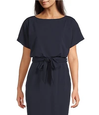 Kensie Textured Knit Boat Neck Self-Tie Waist Faux Wrap Blouson Dress