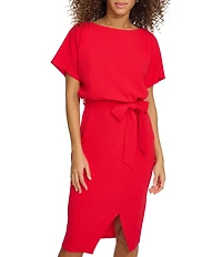 Kensie Textured Knit Boat Neck Self-Tie Waist Faux Wrap Blouson Dress